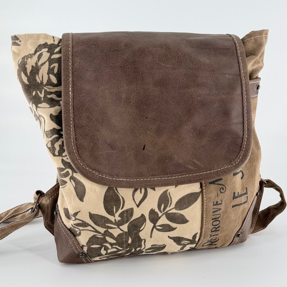 CLEA RAY Le Jardin Floral Canvas Leather Backpack Purse Upcycled Brown